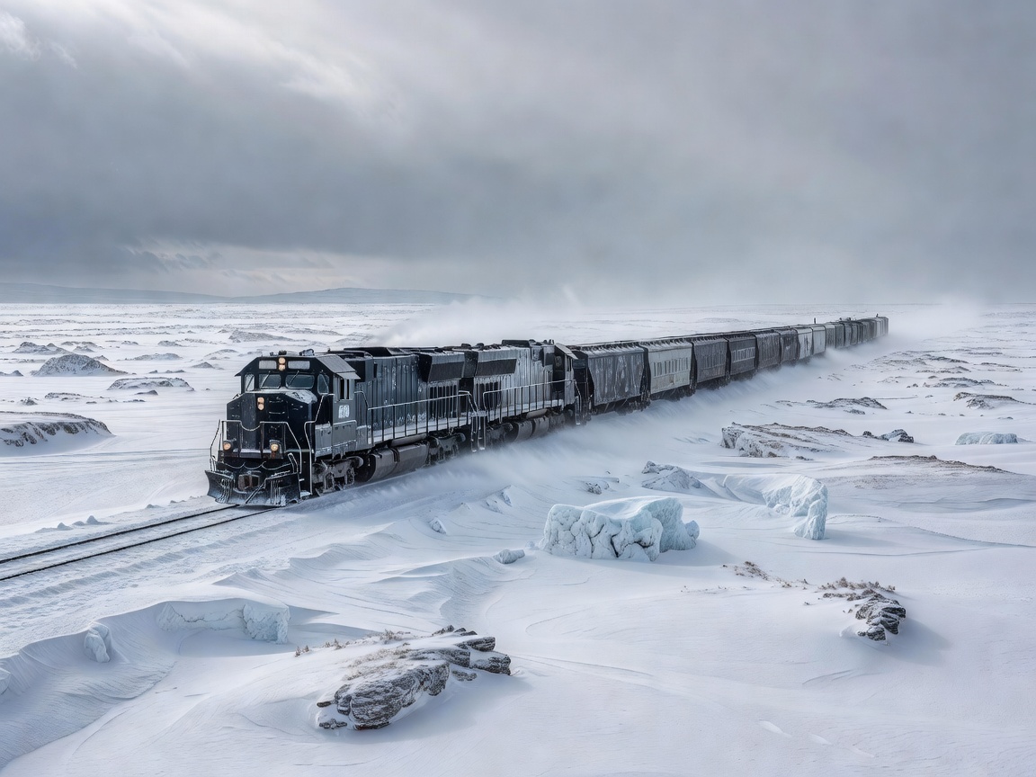 Snowy train tracks and vintage carriage in northern wilderness