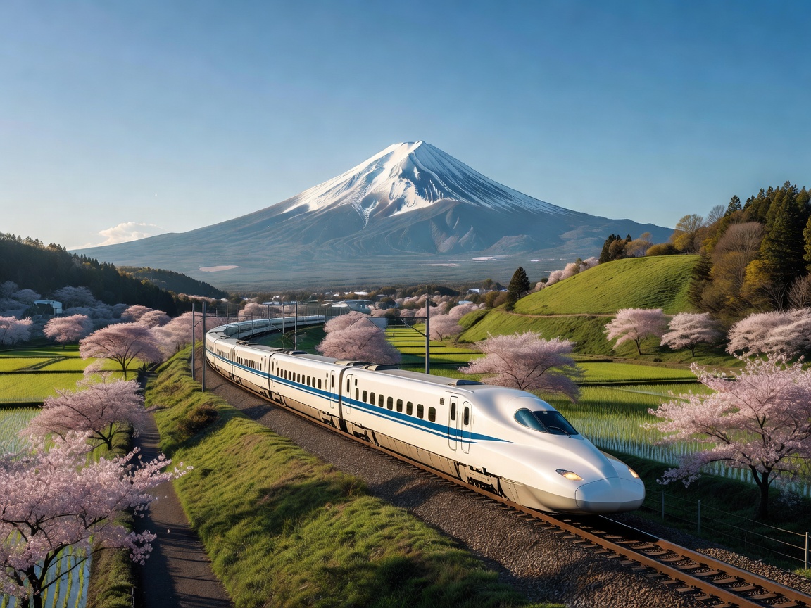 Tokaido Shinkansen high speed train in Japan near Mount Fuji