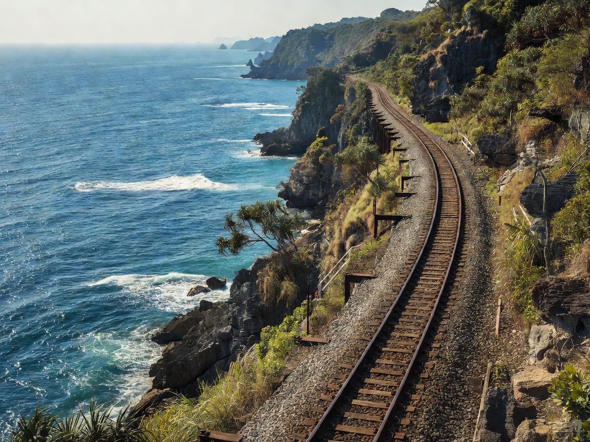 Vietnam coastal scenery with rail line along blue waters
